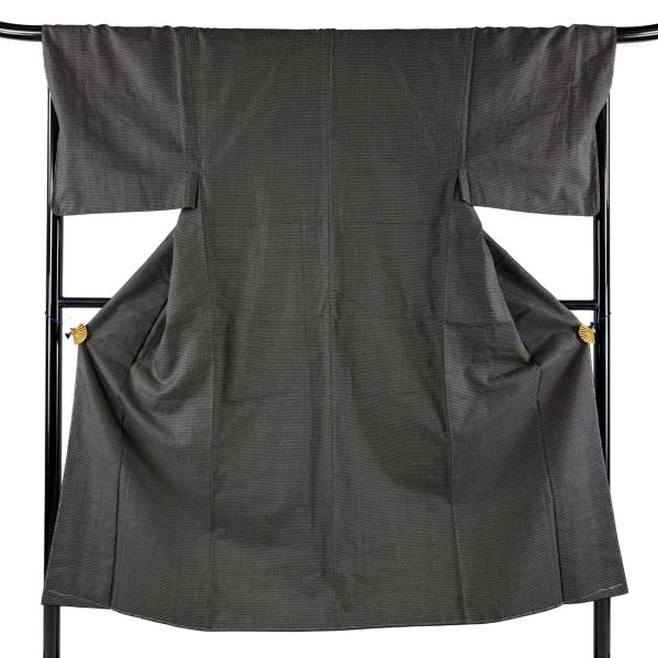 美品 男着物 身丈148.5cm 裄丈68.5cm L 袷 紬 幾何学 黒灰 正絹 秀品 中古