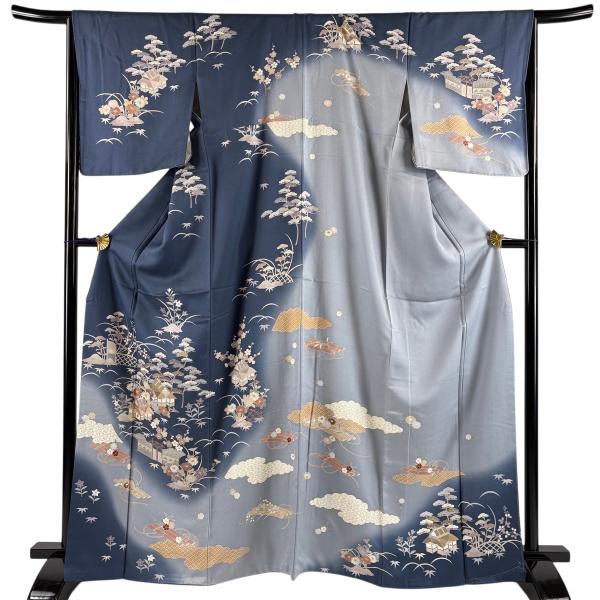 訪問着 身丈165.5cm 裄丈66cm M 袷 松竹梅 家屋 金糸 金彩 藍色 正絹 秀品 中古