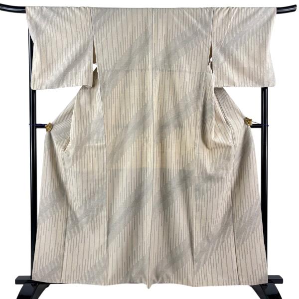 紬 身丈160.5cm 裄丈70cm L 袷 証紙あり 縞 亀甲絣 ベージュ 正絹 秀品 中古