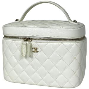 シャネル CHANEL ココマーク バニティバッグ 化粧ポーチ マトラッセ ミラー付き キャビアスキン ホワイト AP2573 レディース 中古