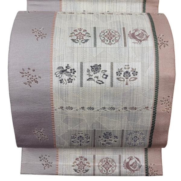名古屋帯 秀品 八寸名古屋帯 鳥 草花 クリーム 正絹 中古