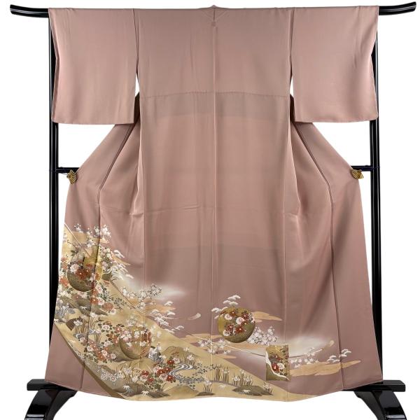 色留袖 身丈161cm 裄丈67cm M 袷 団扇 破れ色紙 金糸 金彩 薄小豆 正絹 秀品 一つ紋...