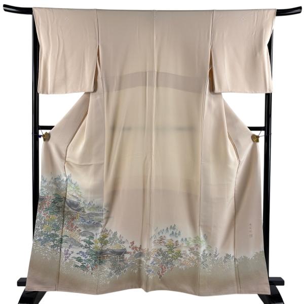 色留袖 身丈163cm 裄丈66cm M 袷 壽光織 落款あり 風景 松 金糸 クリーム 正絹 秀品...