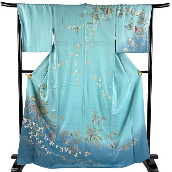 訪問着 身丈168cm 裄丈67.5cm L 袷 葉と実 萩 金彩 染め分け 水色 正絹 秀品 一つ...