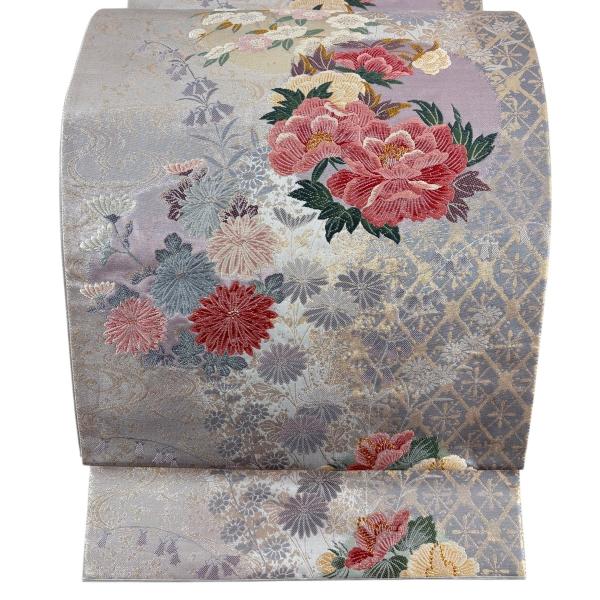 袋帯 秀品 花丸文 流水 箔 銀色 六通 正絹 中古