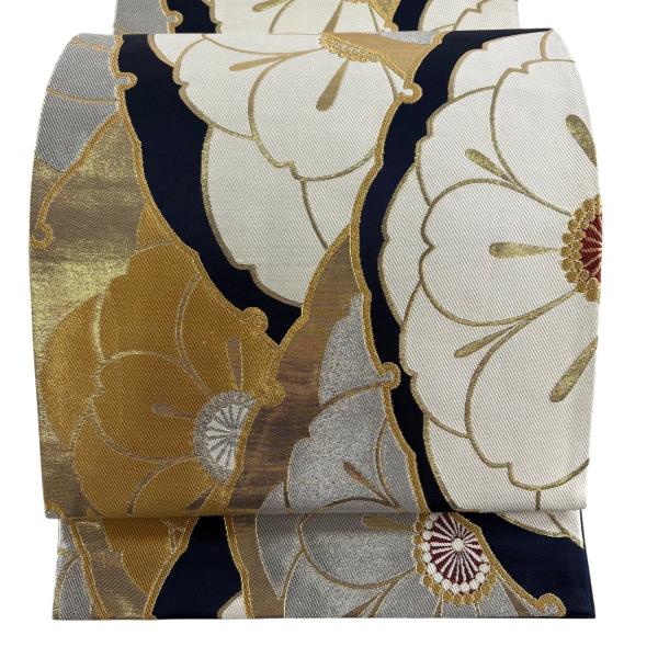 袋帯 秀品 桜 雪輪 金糸 箔 青黒 六通 正絹 中古