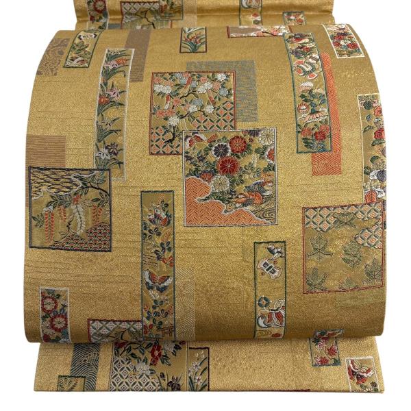 袋帯 秀品 御帳錦 東雲神社 色紙 花鳥 金糸 箔 金茶 六通 正絹 中古