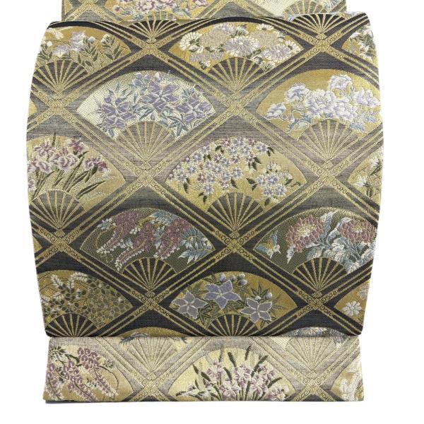 袋帯 秀品 証紙あり 天井秀華文 花扇 金糸 黒灰 六通 正絹 中古