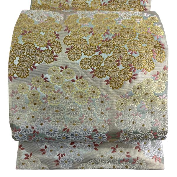 袋帯 秀品 菊 金糸 箔 薄緑 六通 正絹 中古