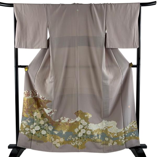色留袖 身丈161.5cm 裄丈68.5cm L 袷 落款あり 牡丹 枝梅 金糸 金彩 薄小豆 正絹...