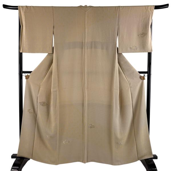 付下げ 身丈162cm 裄丈68cm L 袷 花鳥 地紋 箔 薄茶色 正絹 秀品 中古