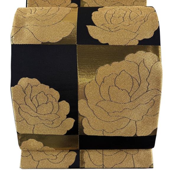 袋帯 秀品 花 市松模様 金糸 箔 黒 六通 正絹 中古