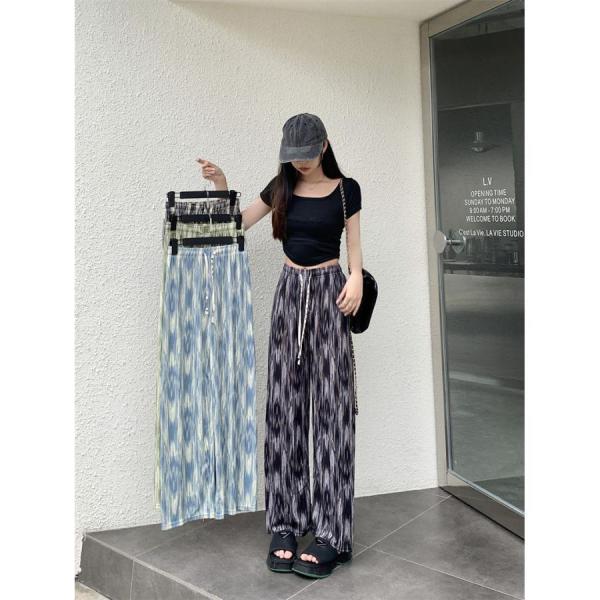 ワイドパンツ 柄 レディース 接触涼感 ひんやり ゆったり 夏 薄手 ストレートパンツ ウエストゴム...