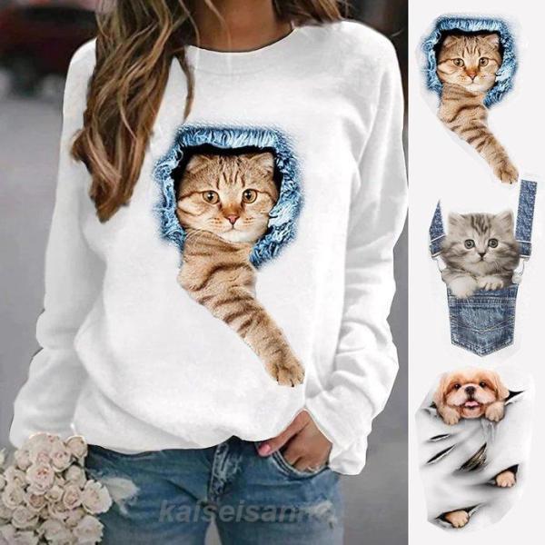 トレーナー 可愛い 3D 猫 犬 レディース 長袖 裏フリース 微起毛 秋冬 クルーネック ねこ い...