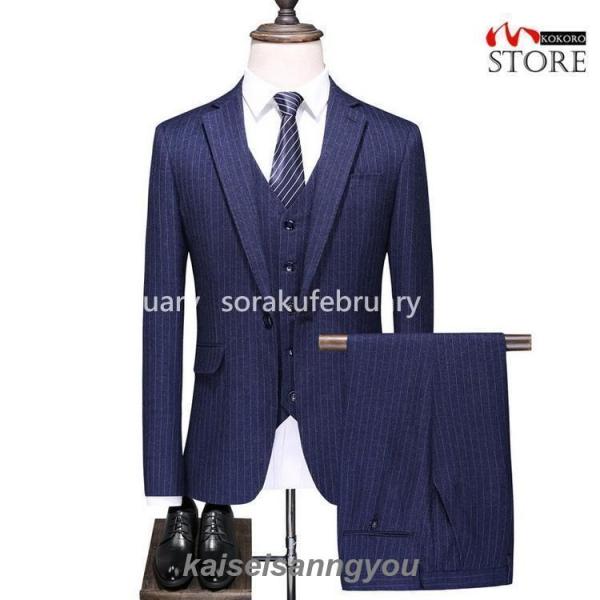 3ピーススーツ ビジネススーツ 結婚式 スリーピース スリーピー 1つボタン ネイビー ストライプ ...