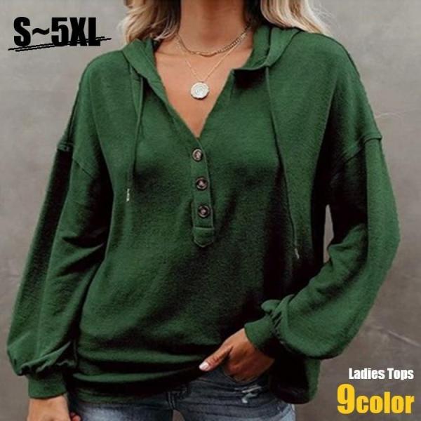 パーカー フーディ レディース 女性 トップス ヘンリーネック Vネック プルオーバー フード紐 袖...