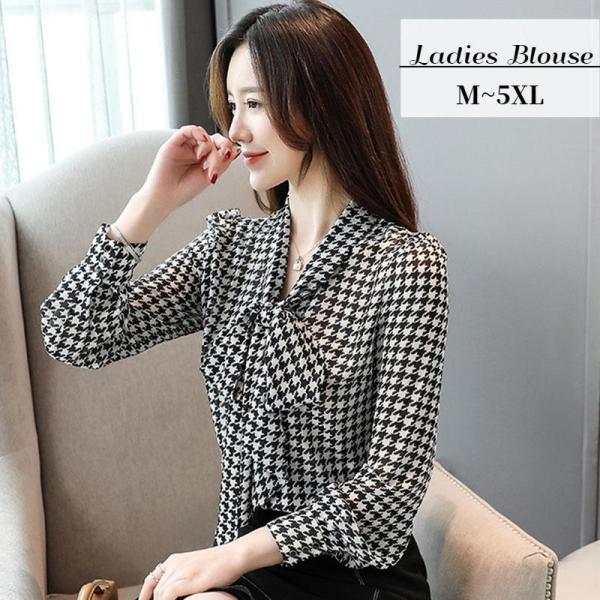 ブラウス シャツ レディース 女性 トップス 長袖 ボウタイ 襟リボン 千鳥格子 千鳥柄 黒 ブラッ...