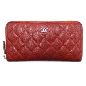 シャネル 財布 CHANEL キャビアスキン マトラッセ ココマーク ラウンドファスナー長財布 赤 レッド レディース OJ10051｜kaitsukedoh