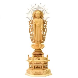 ☆西形阿弥陀如来 放射光唐草光背八角台 柘植 立3.0寸 : 海宇工芸館
