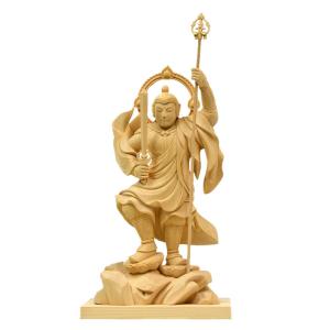 木彫り仏像 【不動明王】 白檀 火炎光背四角台 立3.0寸 総高19cm