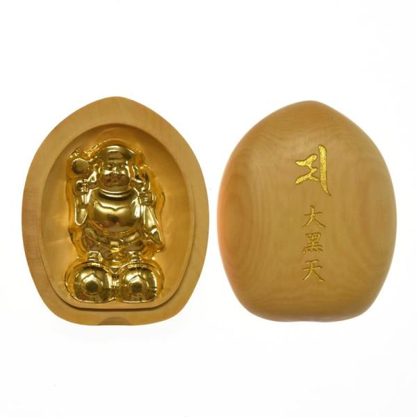 開運招福　木彫り香合仏/懐中仏　【大黒天】金箔押し　柘植（つげ）縦5.7cm　★紙箱入れ