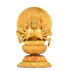 お値打ち価格! 木彫 三日月観音菩薩像 観音様 柘植 木彫り仏像-小仏 【准胝観音菩薩】 柘植（ツゲ） 金泥仕様 安産・延命