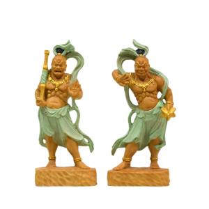 彩金作 総柘植材 極上品 仏教美術 木彫仏像 精密細工 仁王像 阿吽像 木彫り仏像-小仏 【仁王像(金剛力士)】 柘植（つげ） 金泥仕様 総高9cm