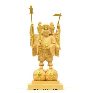 木彫り仏像 【小仏】柘植三面出世大黒天 淡彩色 比叡山形三面大黒天