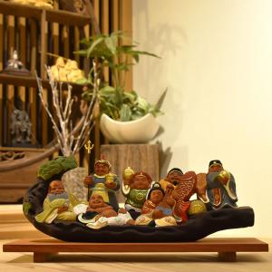 開運招福 木彫り 仏像 柘植一本彫【七福神】 幅約15cm 「七福神