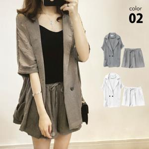 サマースーツ セットアップ コットン 綿 レディース シンプル 春 夏 秋 グレー ホワイト M L XL