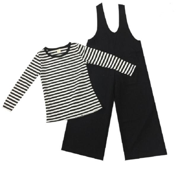 大人用 ボーダーカットソー＆黒サロペット 親子 リンクコーデ