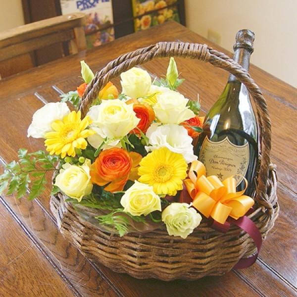 敬老の日 ギフト 花とお酒 ギフトセット プレゼント 送料無料 ドンペリニヨン 白 のフラワーバスケ...