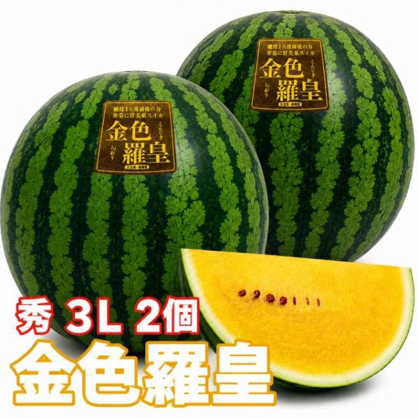 スイカ 山形 尾花沢 大玉 送料無料 金色羅王 こんじきらおう 秀 3L 2玉 贈答用 黄色 黄金 ...