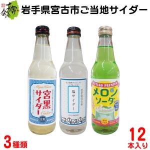 岩手県宮古市 ご当地サイダー 3種12本セット 340ml×12本 宮古の塩サイダー 宮黒サイダー 宮古プレミアムメロンソーダ 地サイダー｜kakeashinokai