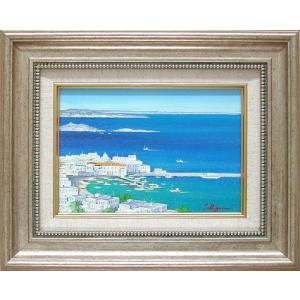 絵画　油絵　青い海のエーゲ海　ミコノス島　（滝川英彦）　　【海・山】【肉筆】【油絵】【外国の風景】【サムホール】