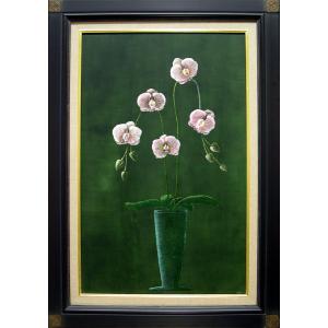 油絵 画家 ( 渡辺やすし )  赤い花 渡辺やすし「花」油彩画 額縁外寸59x51.5x5.0㎝ 絵45.5x38.0