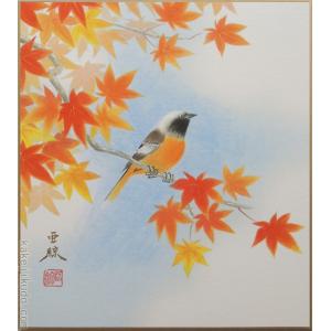 西村欣魚 「 梅に雀 」 色紙絵 絵画 日本画 肉筆 花 紅梅 鳥 冬
