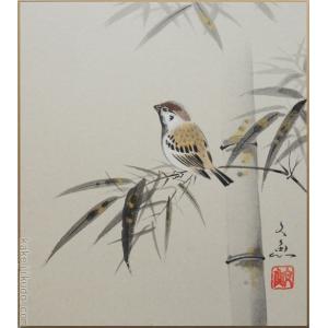 西村欣魚 「 梅に雀 」 色紙絵 絵画 日本画 肉筆 花 紅梅 鳥 冬