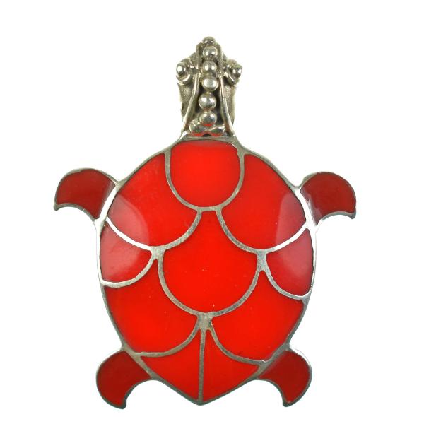 925 Antiqued Sterling Silver Red Coral Inlay Sea T...