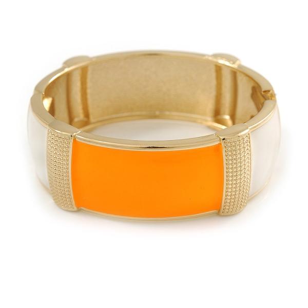 Orange/Off White Enamel Oval Hinged Bangle Bracele...