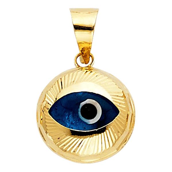 14k REAL Yellow Gold Evil Eye Fluted Charm Pendant