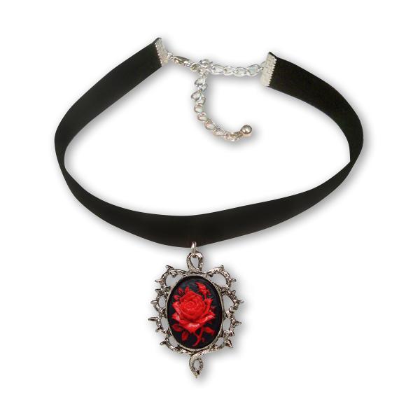 Gothic Red Rose Cameo Black Velvet Choker Adjustab...