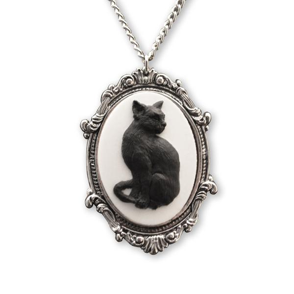 Real Metal Black Cat Cameo in Antique Silver Finis...