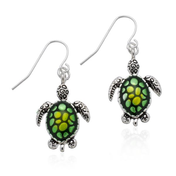 PammyJ Turtle Earrings - Silvertone Green Sea Turt...