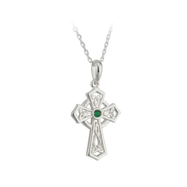 Silver &amp; Green Crystal Trinity Knot Celtic Cross N...