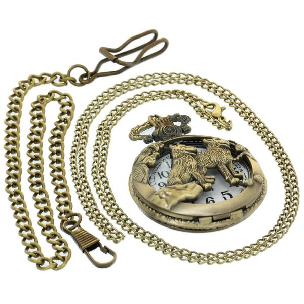 Retro Bronze Dog Wolf Holow Quartz Pocket Watch Wo...