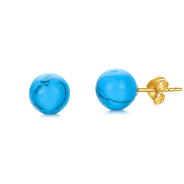 14K Solid Gold Turquoise Bead Stud Earrings 8mm Tu...