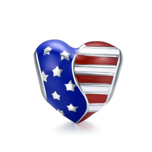 USA Flag Charm 925 Sterling Silver Heart Charm Lov...