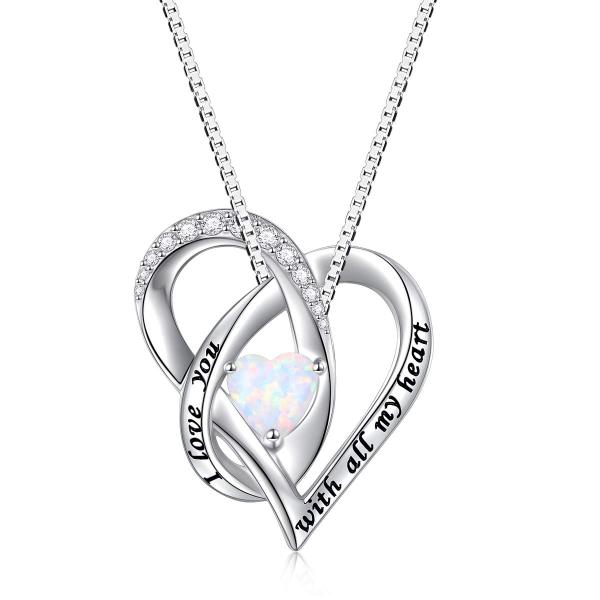 FLYOW White Created Opal Heart Necklace 925 Sterli...