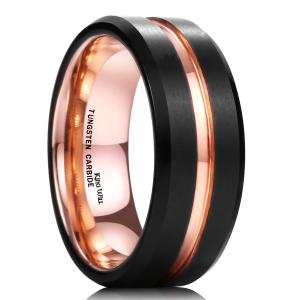 King Will DUO Mens 8mm Black Matte Finish Tungsten Carbide Ring 18K Rose Gold Plated Beveled Edge Wedding Band 10の商品画像